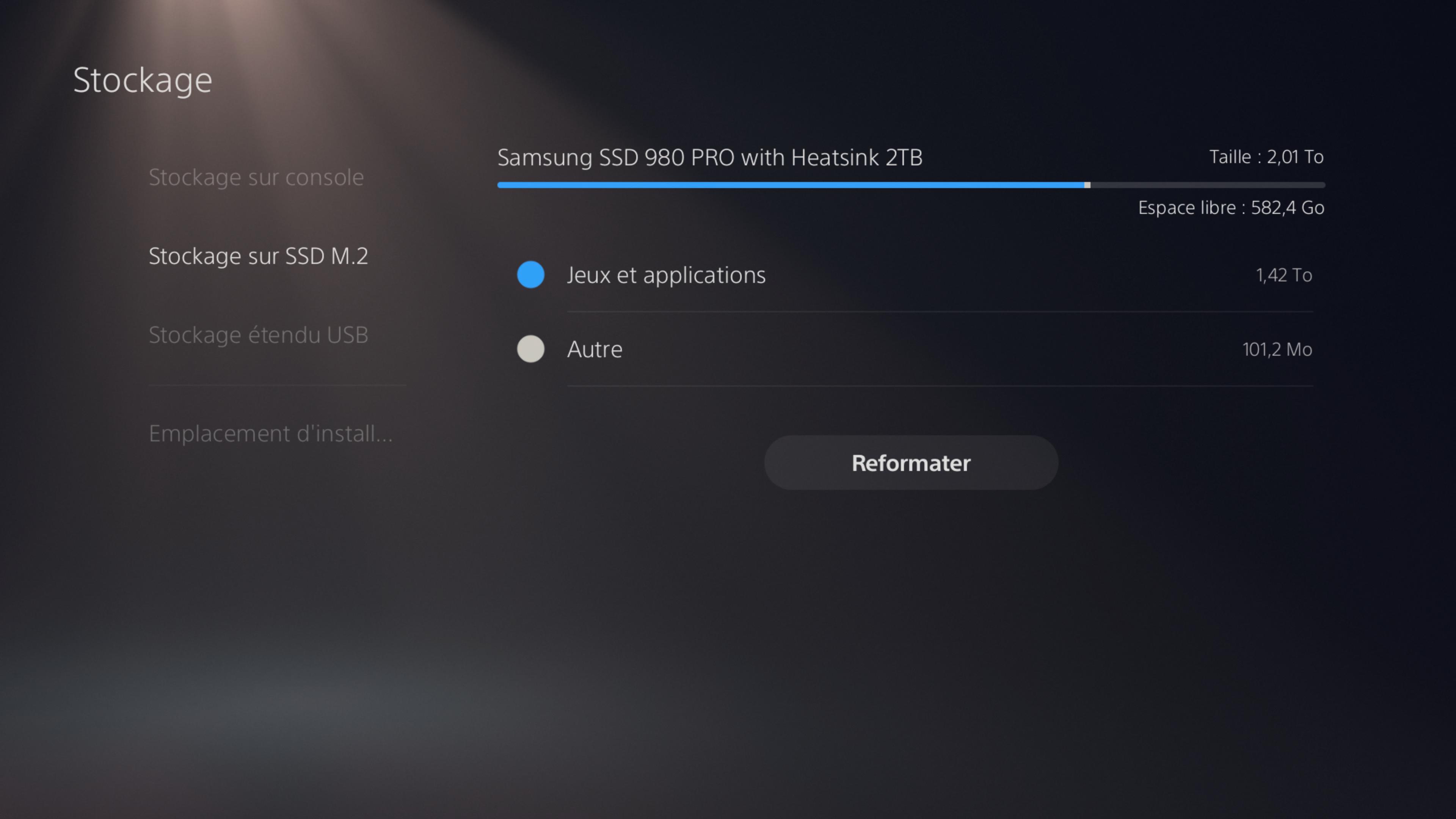 Écran PS5 Stockage : Samsung SSD 980 PRO 2 To installé, 582 Go libres après installation des jeux