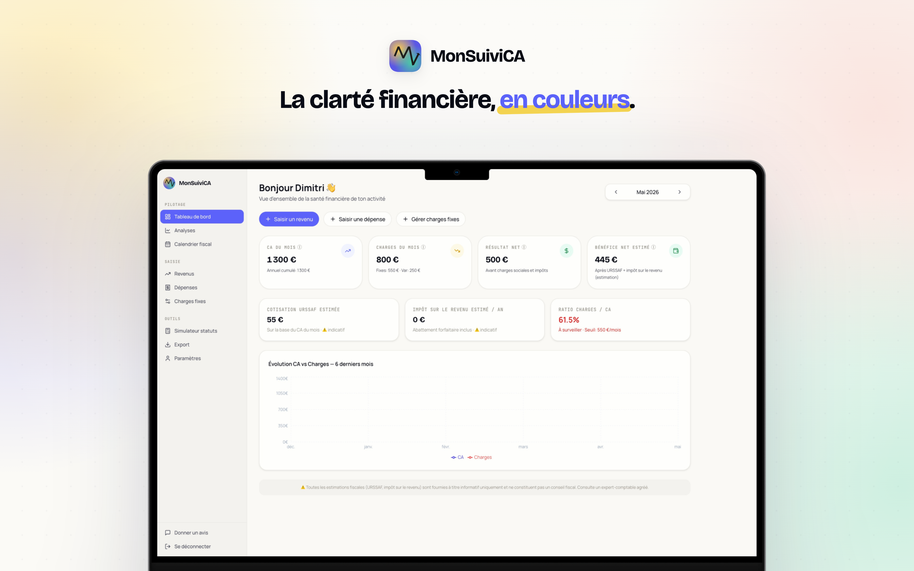 MonSuiviCA sur desktop : tableau de bord complet avec graphique CA vs Charges