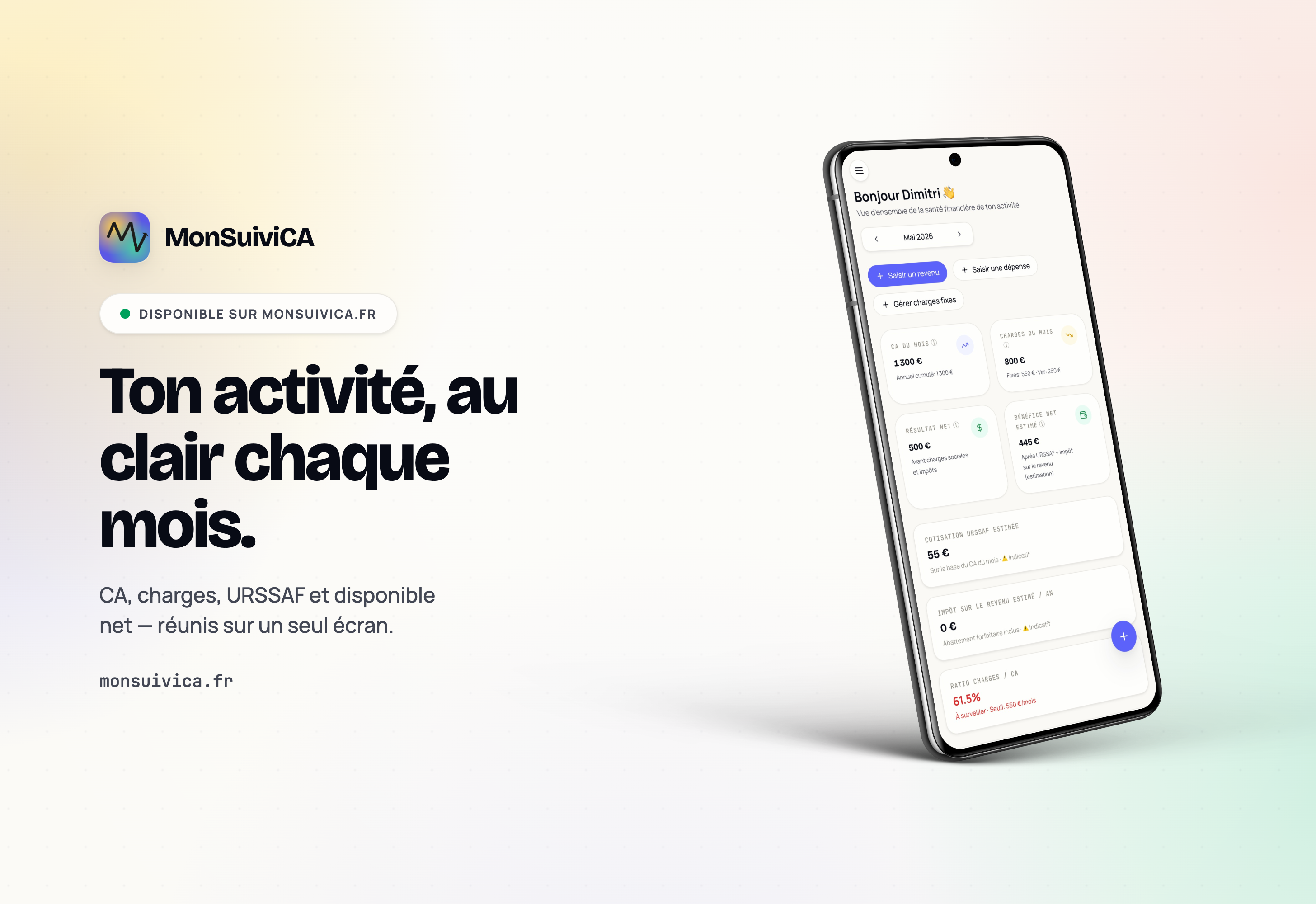 MonSuiviCA sur mobile : tableau de bord avec CA, charges, URSSAF et disponible net