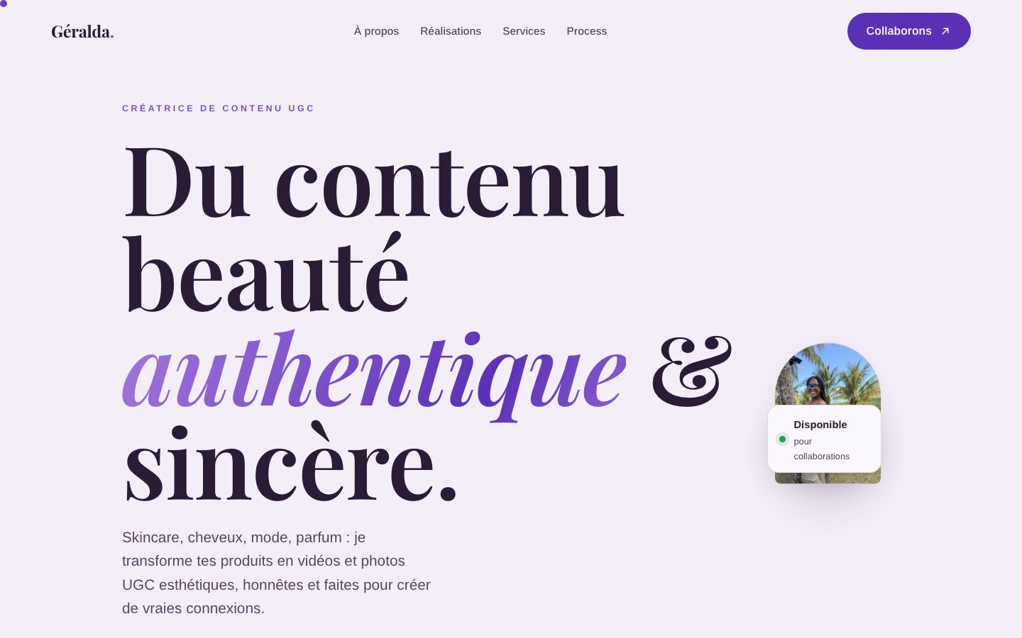 Page d'accueil de bygecontenu.com : titre 'Du contenu beauté authentique et sincère', navigation et badge 'Disponible pour collaborations'.