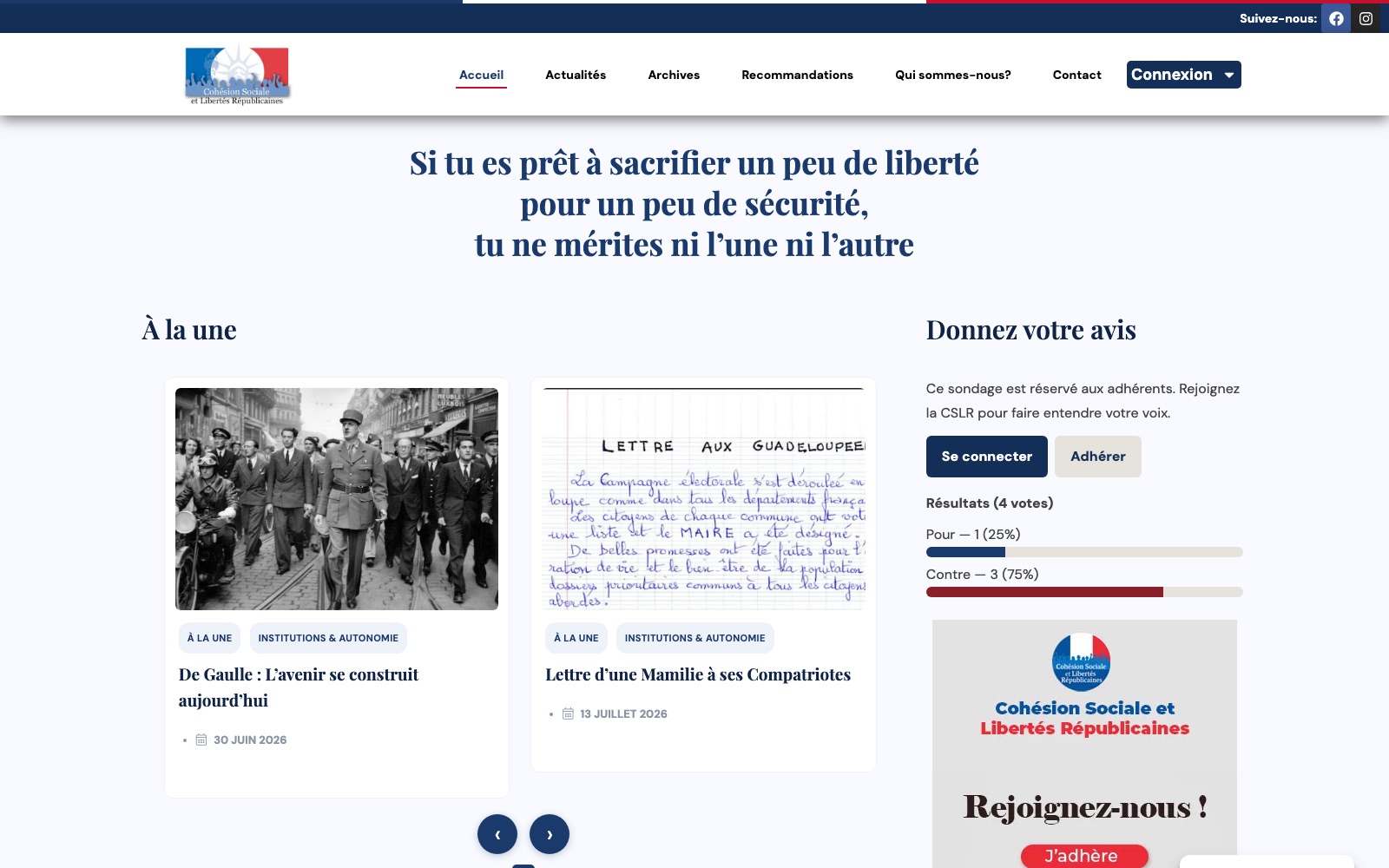 Homepage of cslr.fr after the redesign: tricolour band, 'À la une' section and a 'Have your say' poll with results.